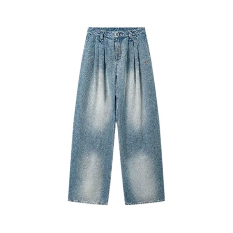 Washed Pleated Wide-Leg Jeans