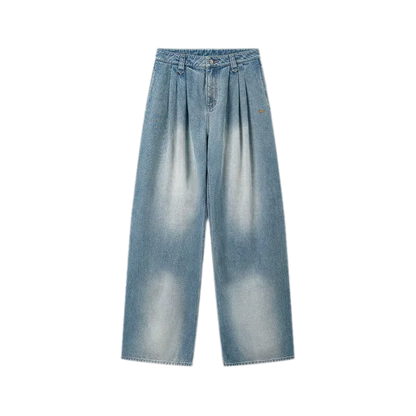 Washed Pleated Wide-Leg Jeans