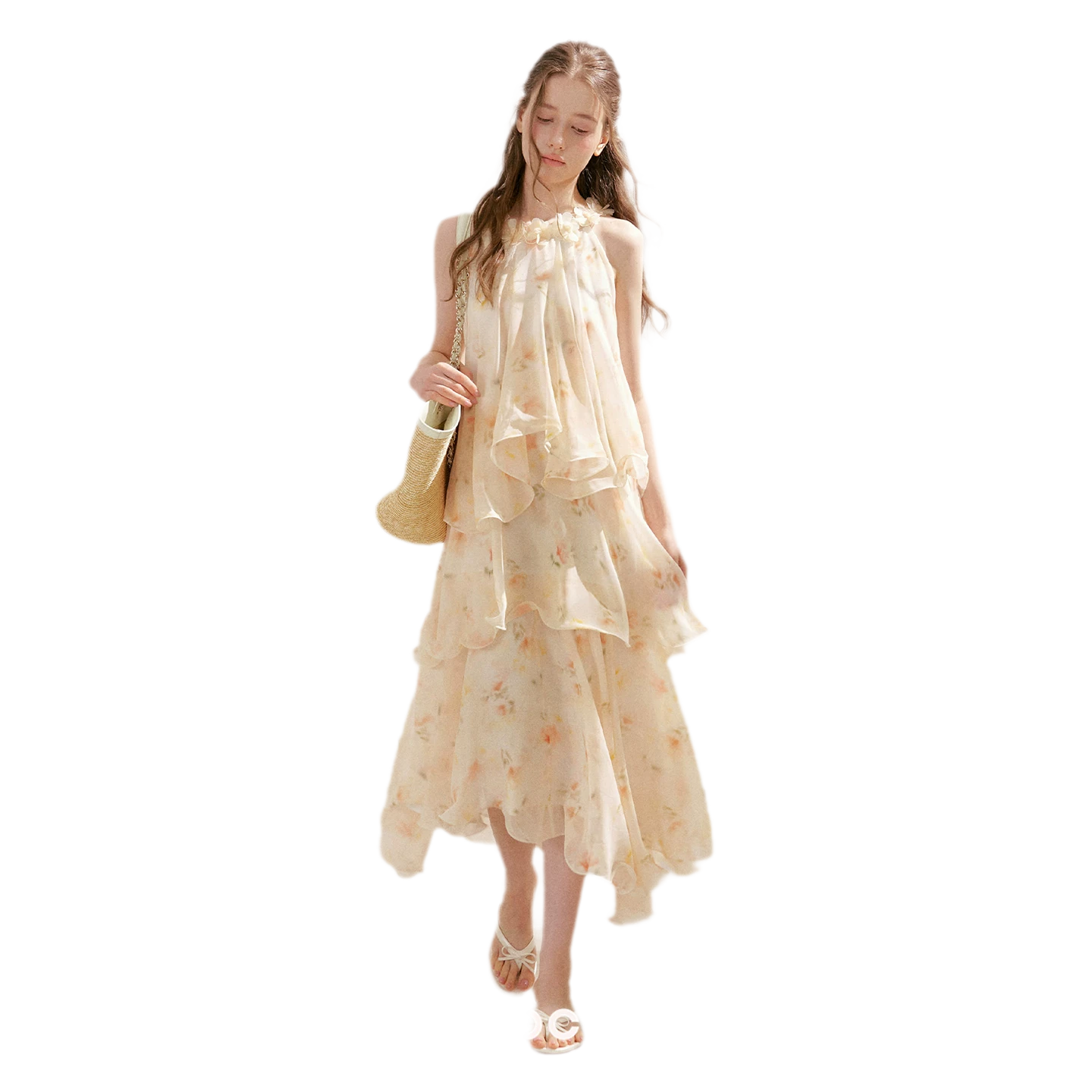 Chiffon Floral Halter Long Dress