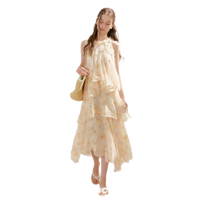 Chiffon Floral Halter Long Dress