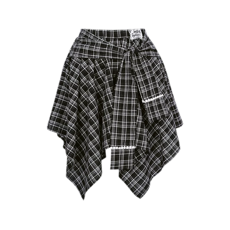 Asymmetric Lace Patchwork Plaid Skirt/Top