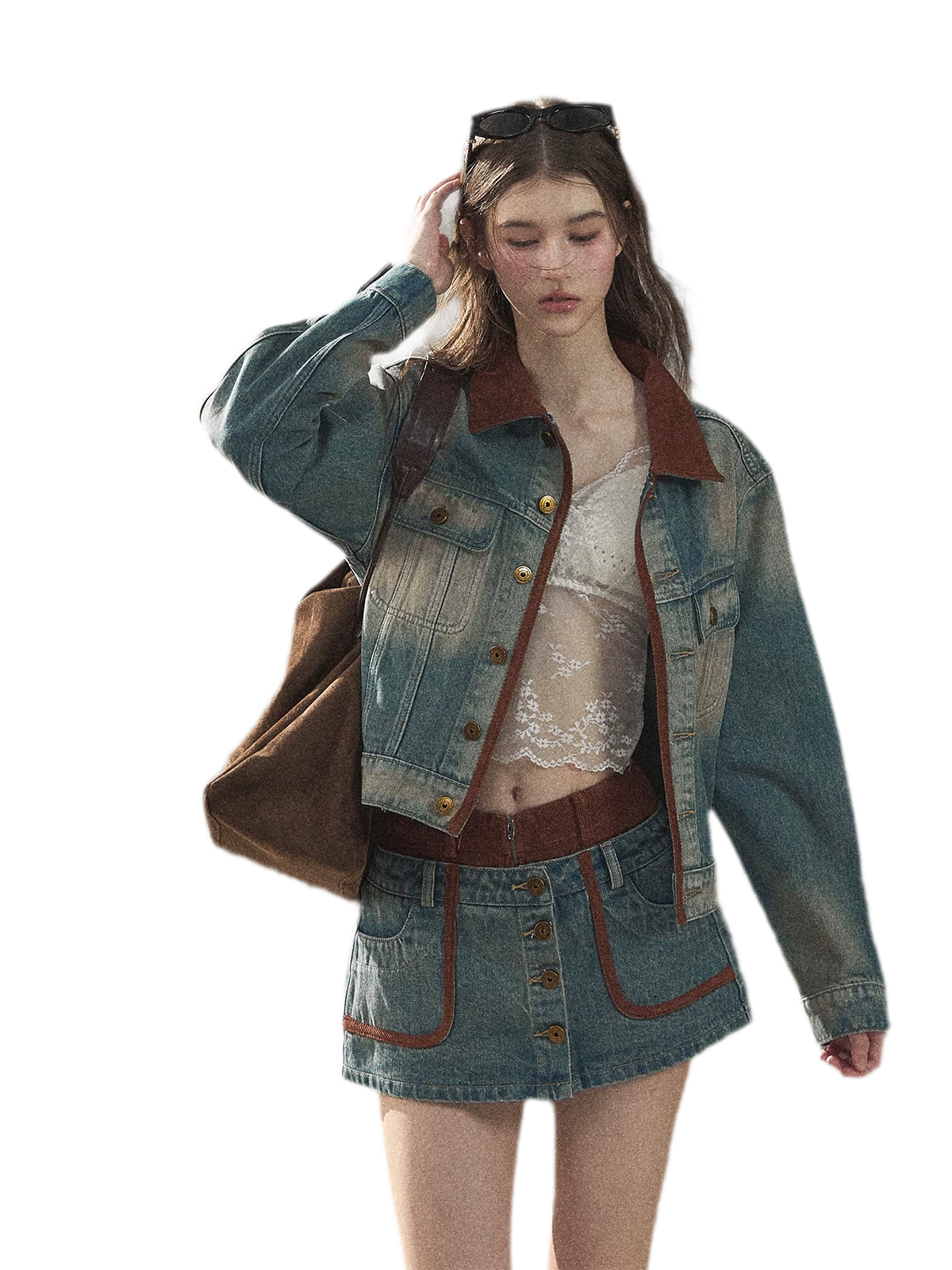 Washed Denim Jacket Skirt Set