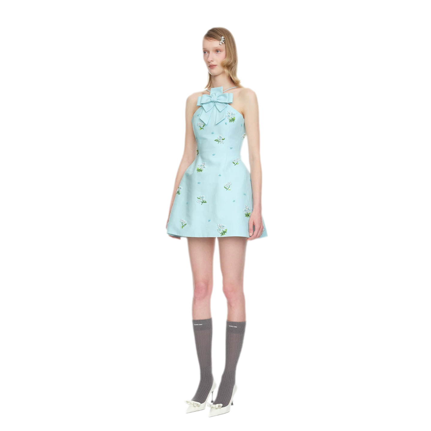 Embroidered Bow Halter Mini Dress