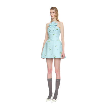 Embroidered Bow Halter Mini Dress