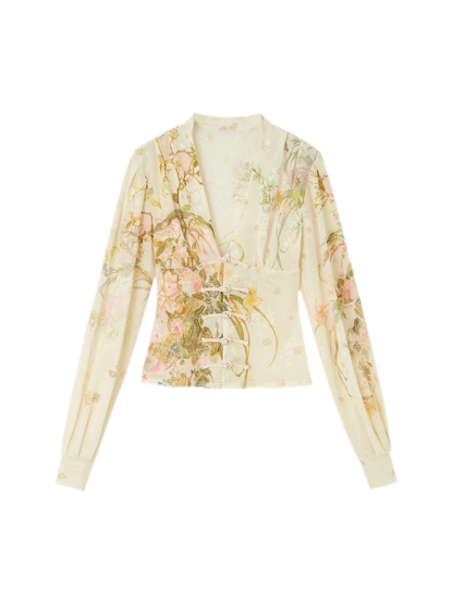 Blusa in jacquard di velluto con maniche a lanterna