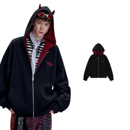 Oversized Devil Hooded Zip Jacket