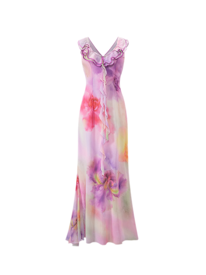 Watercolor Ruffle V-Neck Dress
