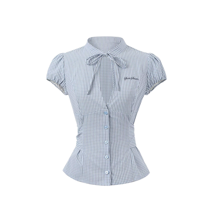 Retro Plaid Tie-Waist Hollow Waist Shirt