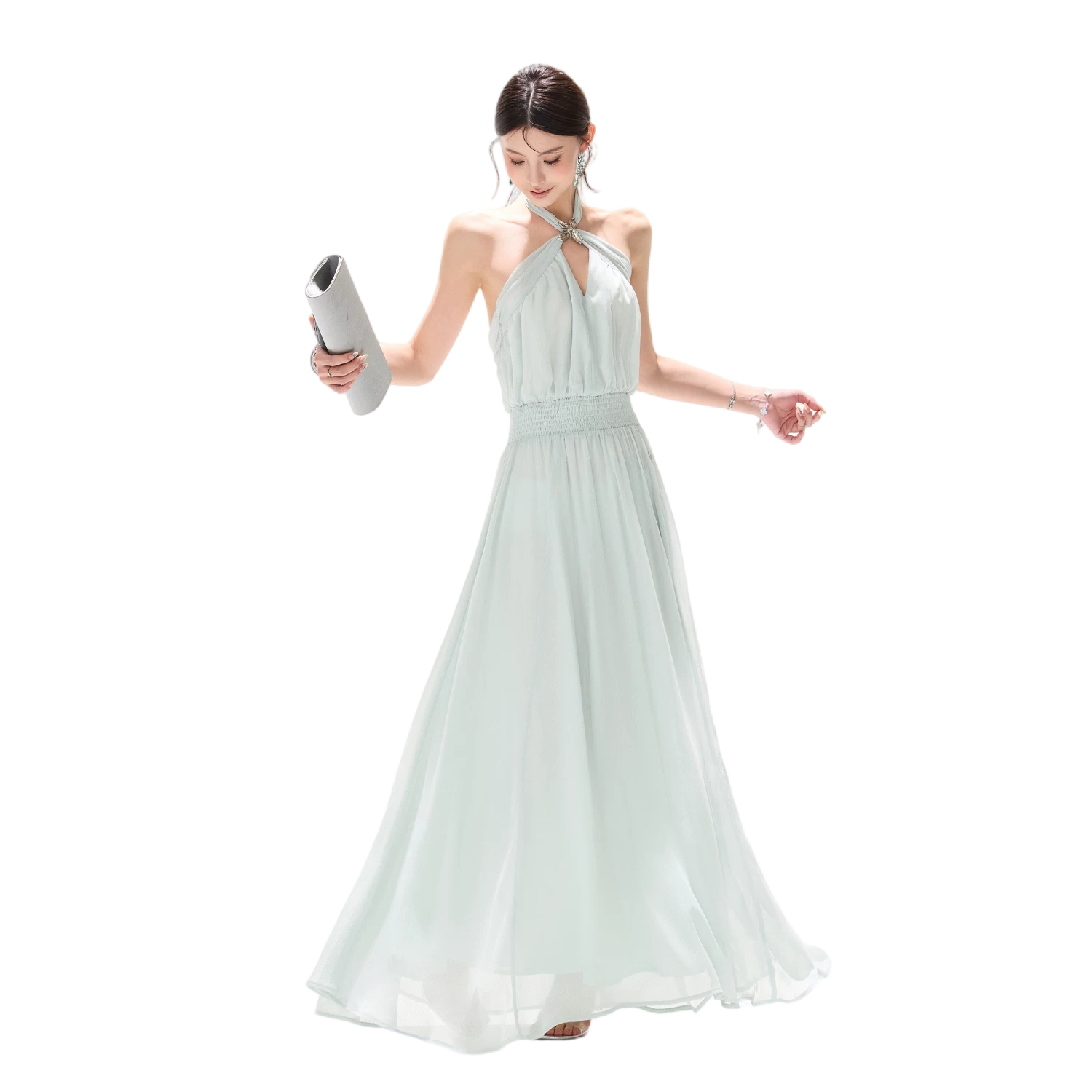 Misty Blue Halter Neck Chiffon Long Dress