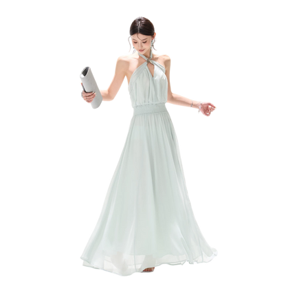 Misty Blue Halter Neck Chiffon Long Dress