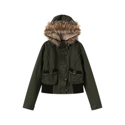 Washed Quilted Fur-Trim Hooded Jacket