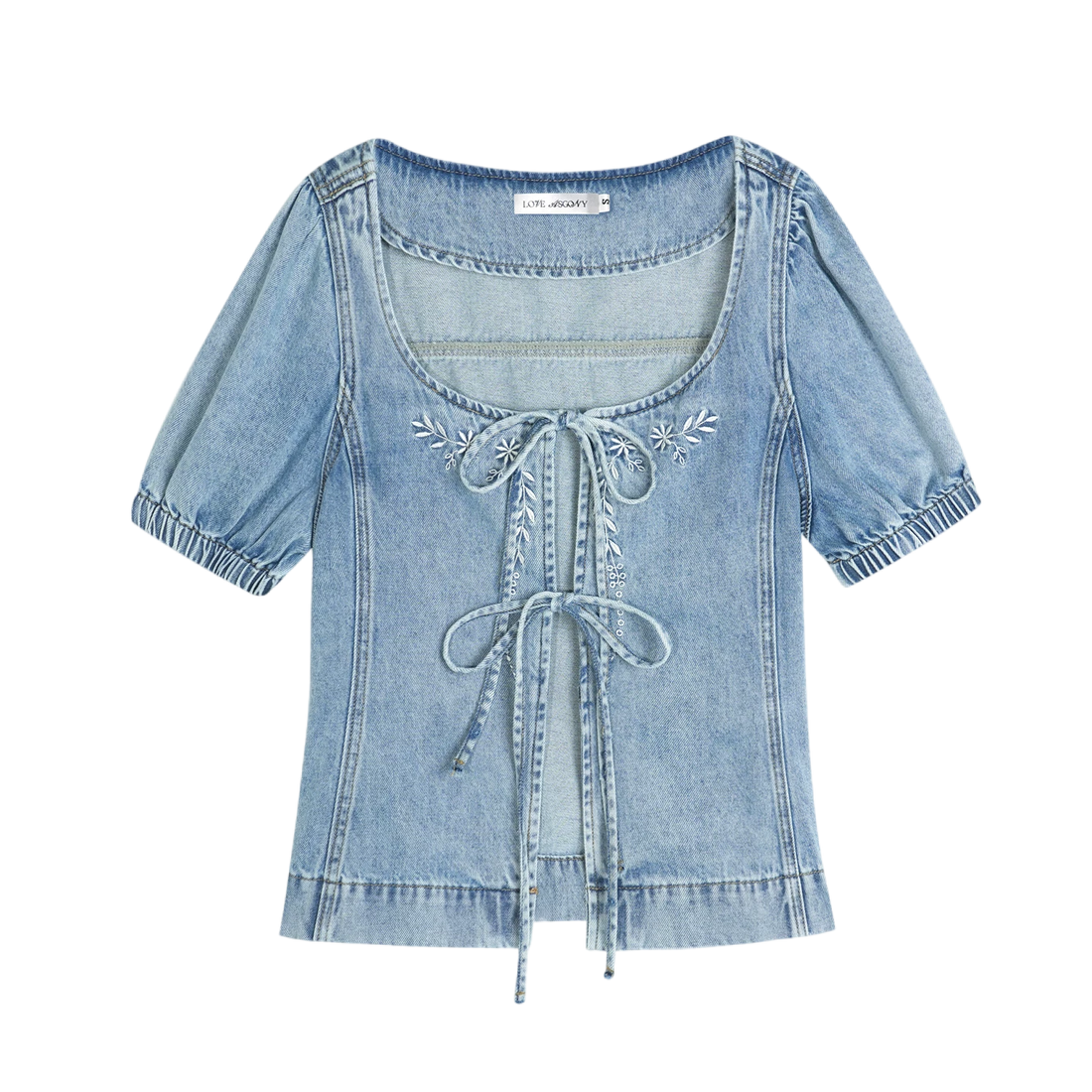 ASGONY Floral Embroidered Tie Denim Top &amp; Skort Set – Blue Top