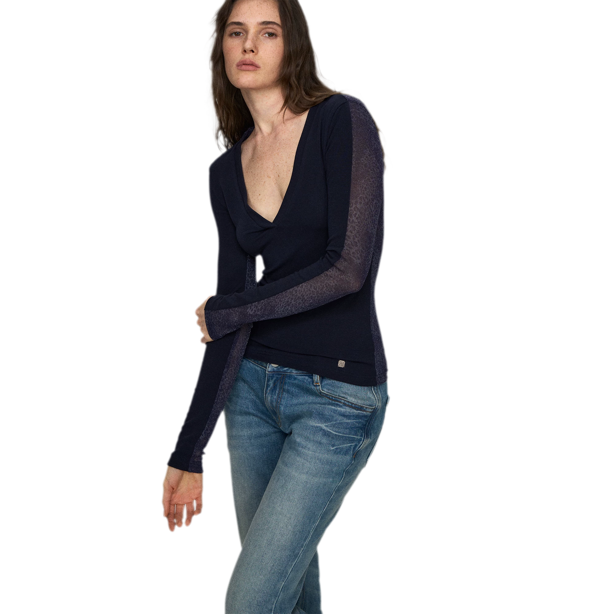 Wool Lyocell V-Neck Long Sleeve Top with Lace