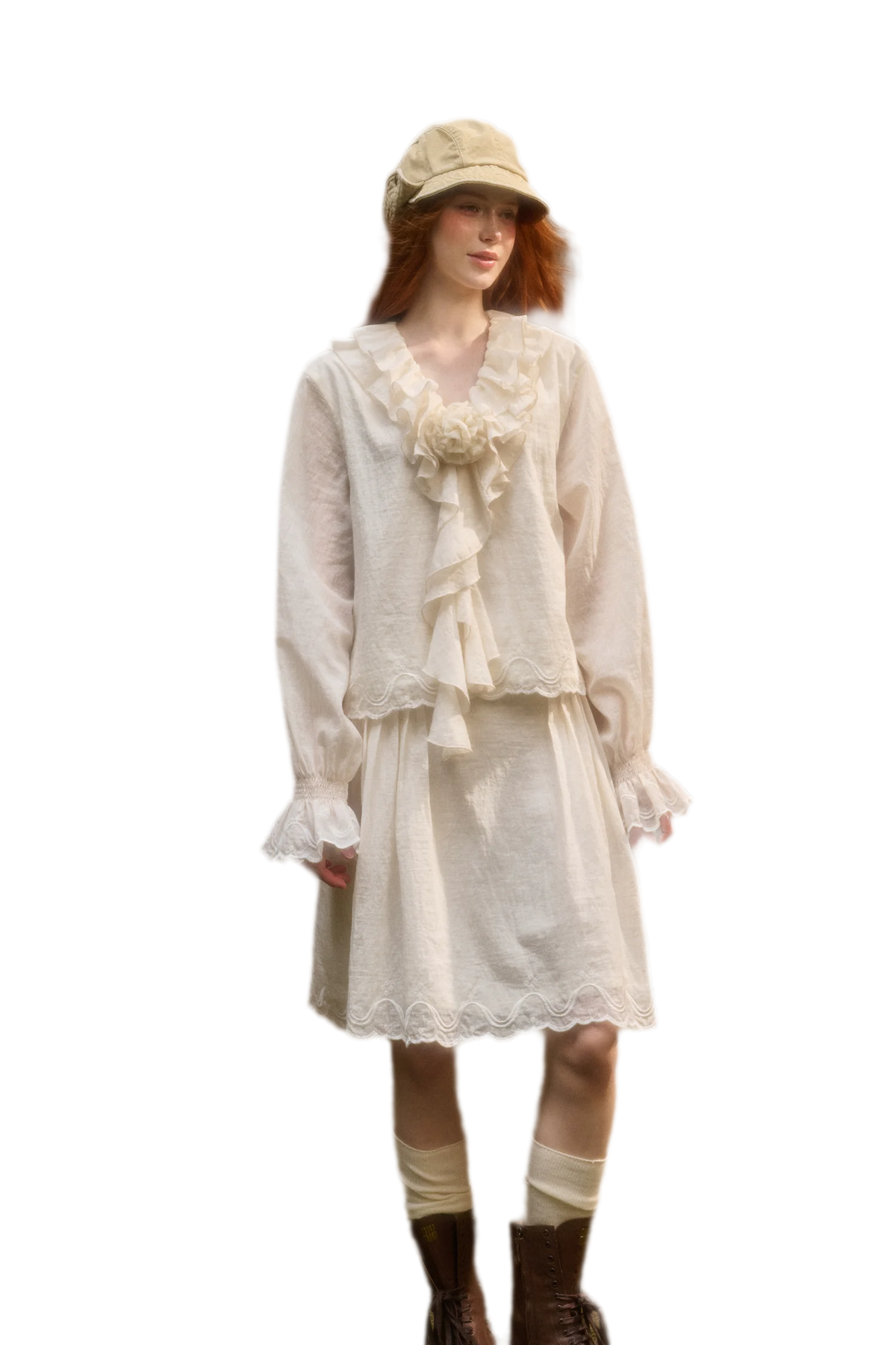 Embroidered Ruffle Blouse Skirt Set