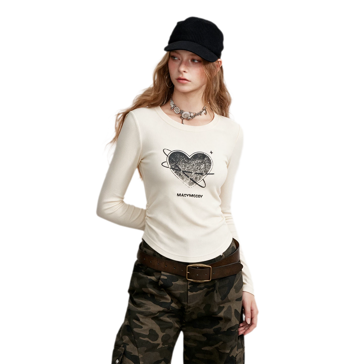 T-shirt ajusté à manches longues avec cœur en strass