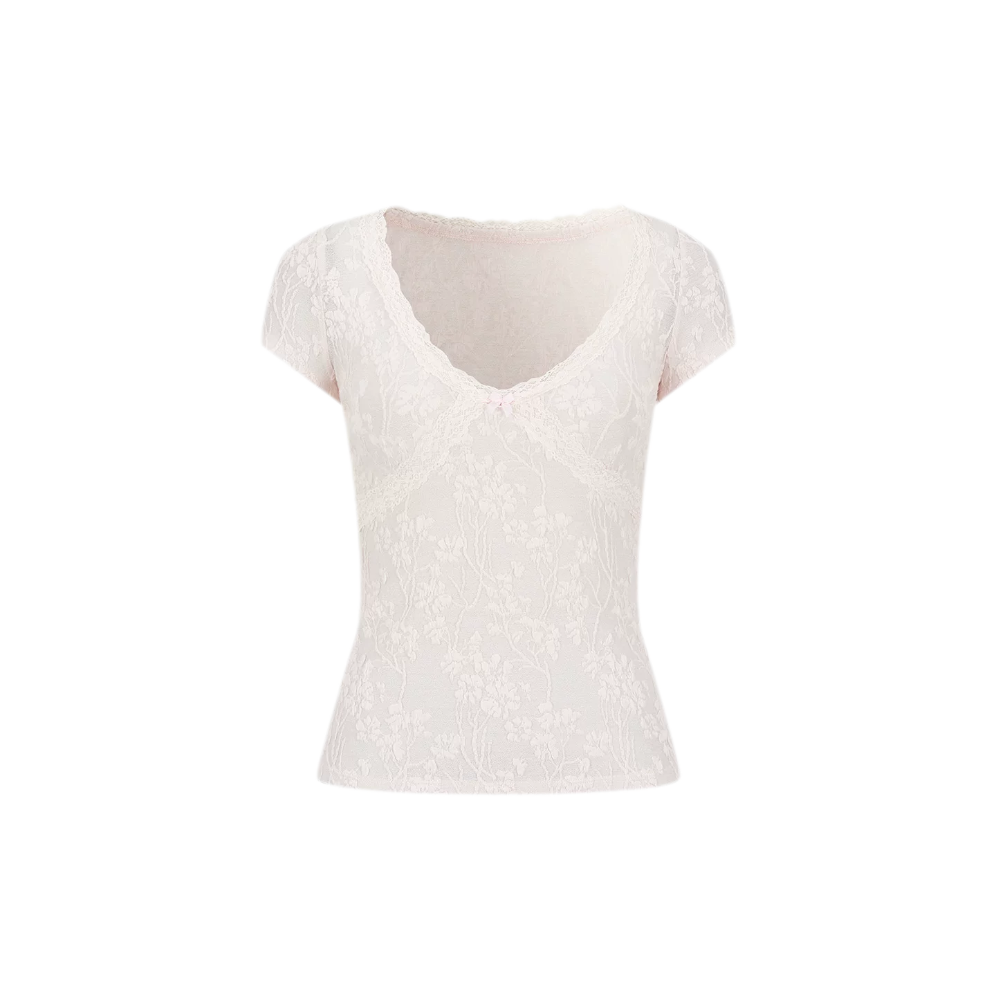 Lace-Trim Jacquard V-Neck Slim T-Shirt