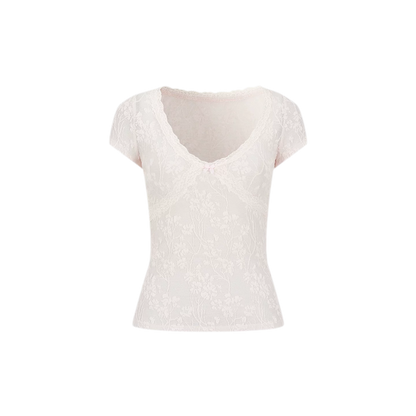 Lace-Trim Jacquard V-Neck Slim T-Shirt