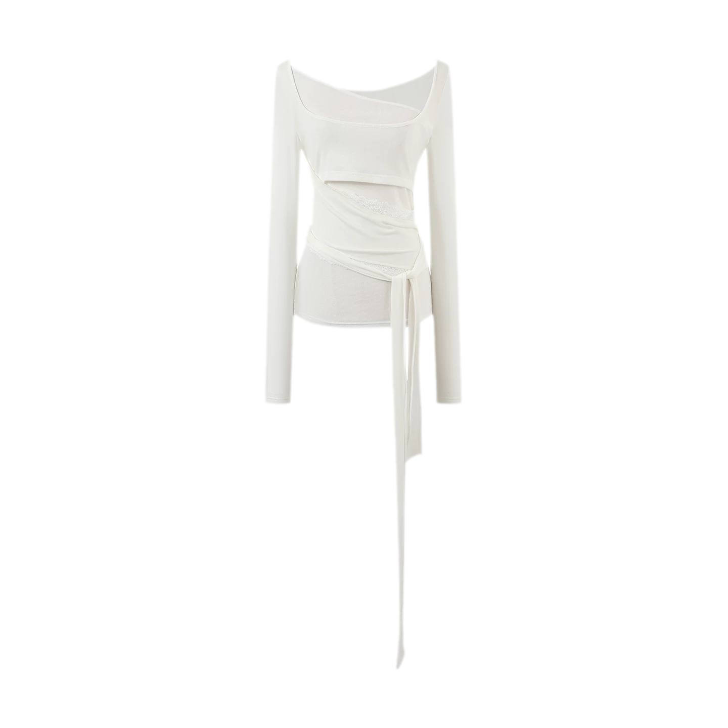 Ruched Sheer Crossover Long-Sleeve Top