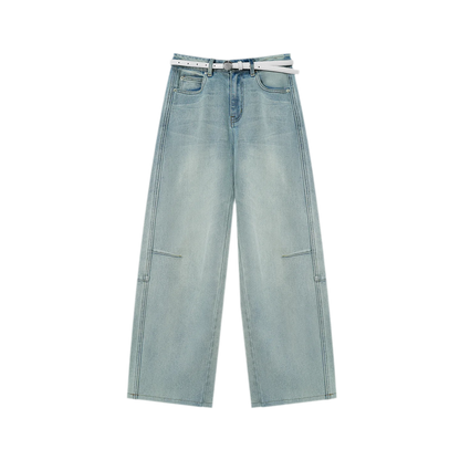 Washed Curved Wide-Leg Jeans