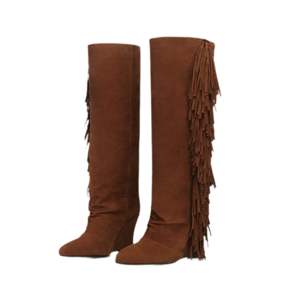 Suede Fringe Wedge Boots
