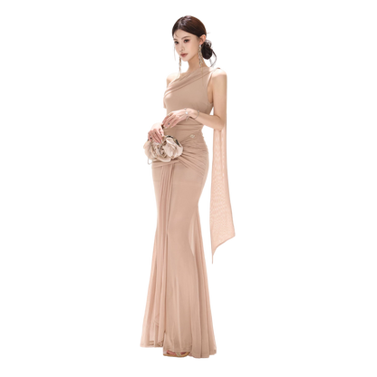 Asymmetric Off-Shoulder Mesh Long Dress