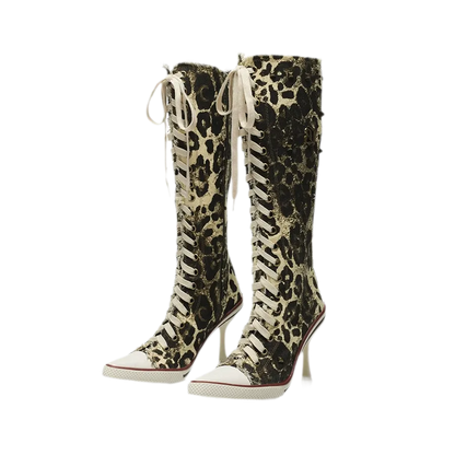 Studded Lace-Up Knee-High Boots