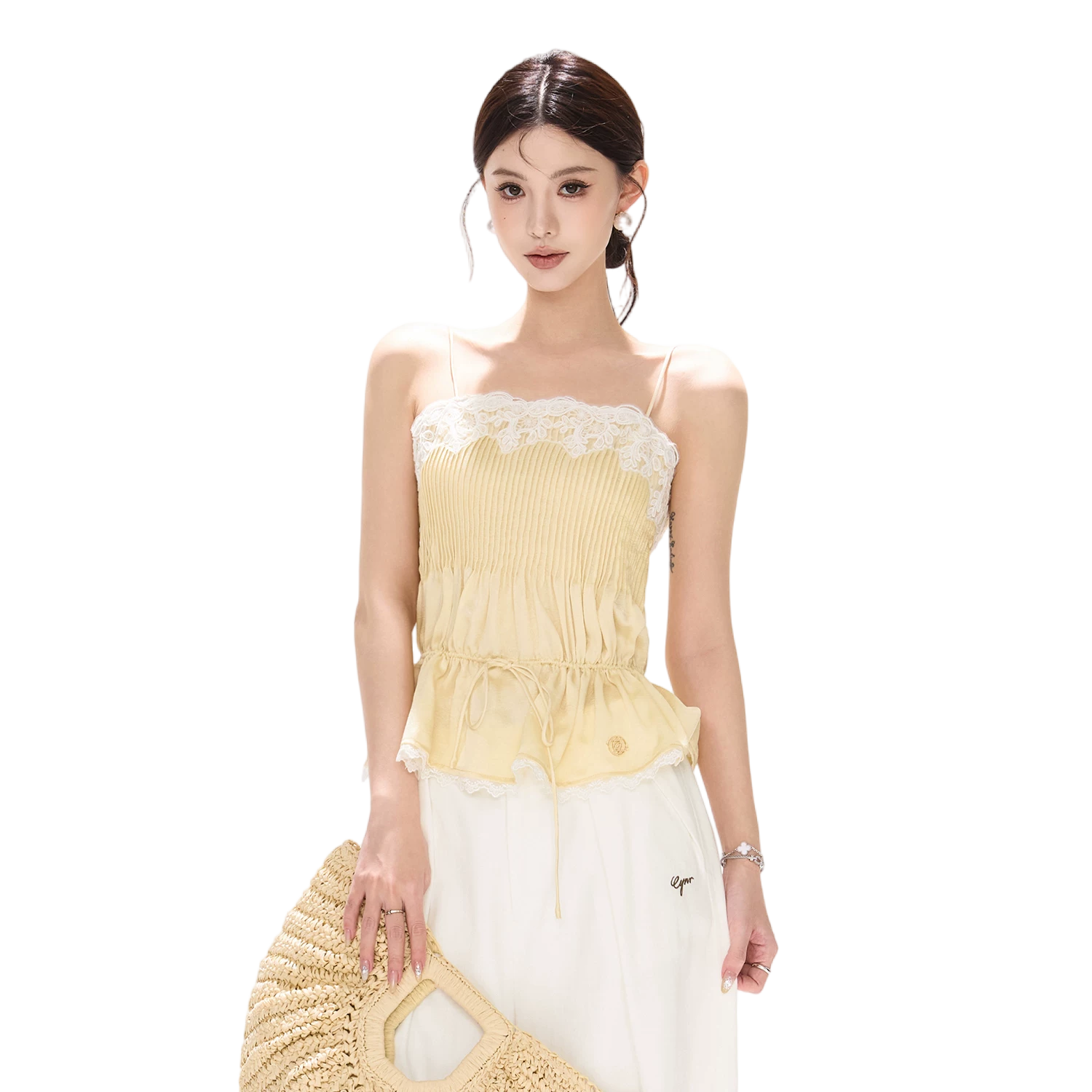 South France Holiday Lace Trim Waist-Cinched Camisole