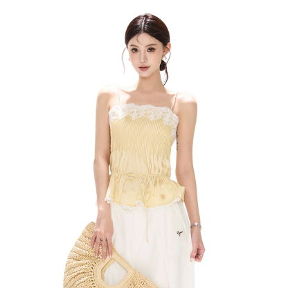 South France Holiday Lace Trim Waist-Cinched Camisole