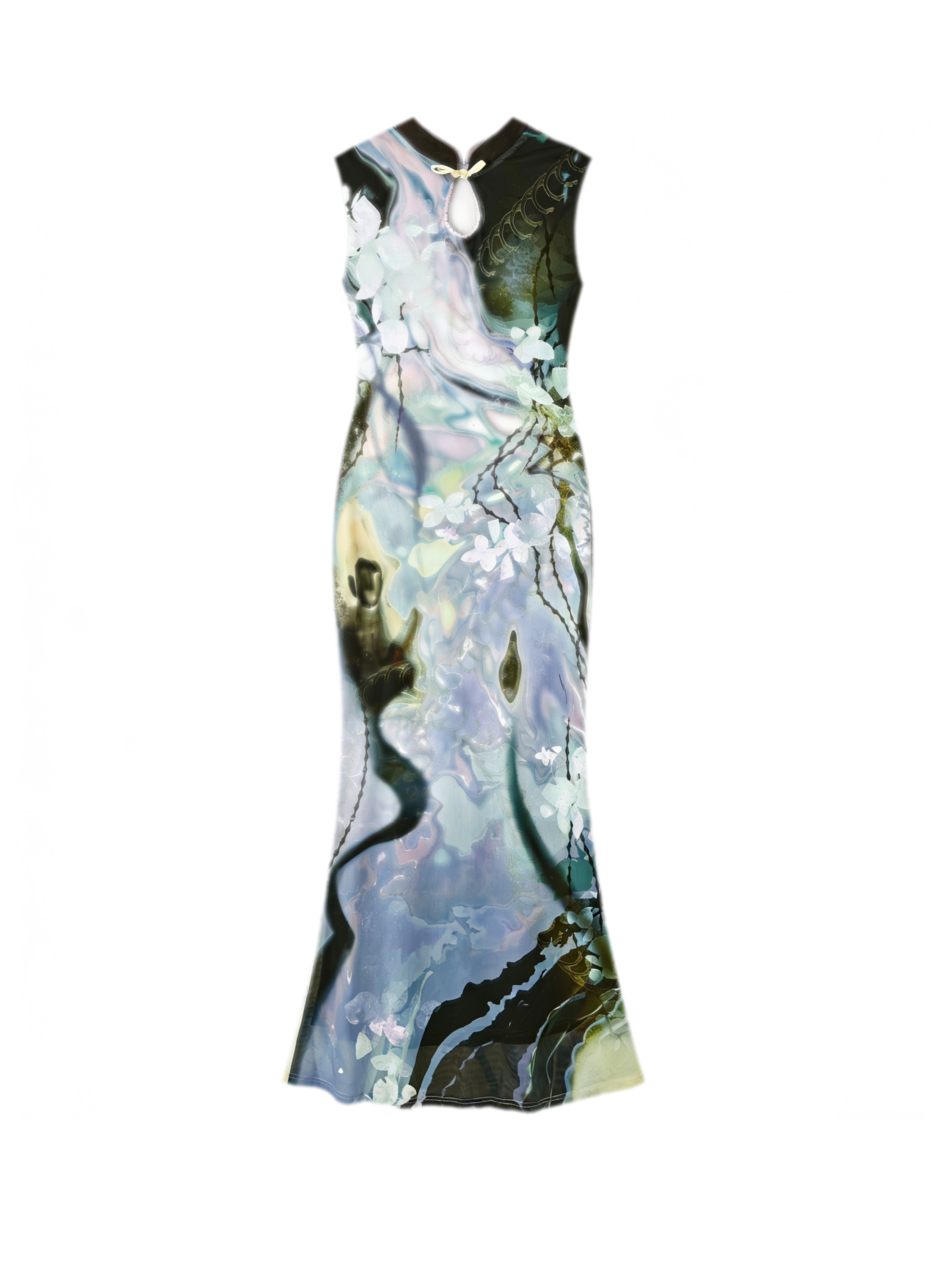 Black Rose Impressionist Print High-Waist Mermaid Dress