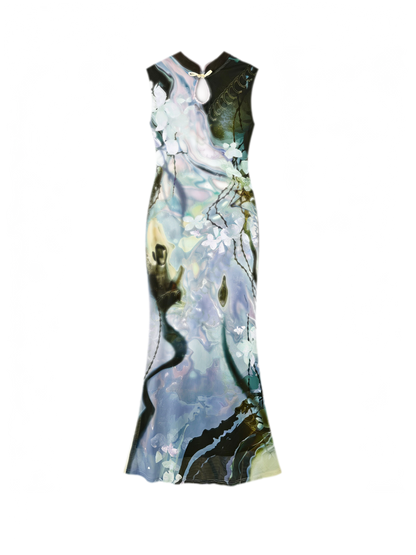 Black Rose Impressionist Print High-Waist Mermaid Dress