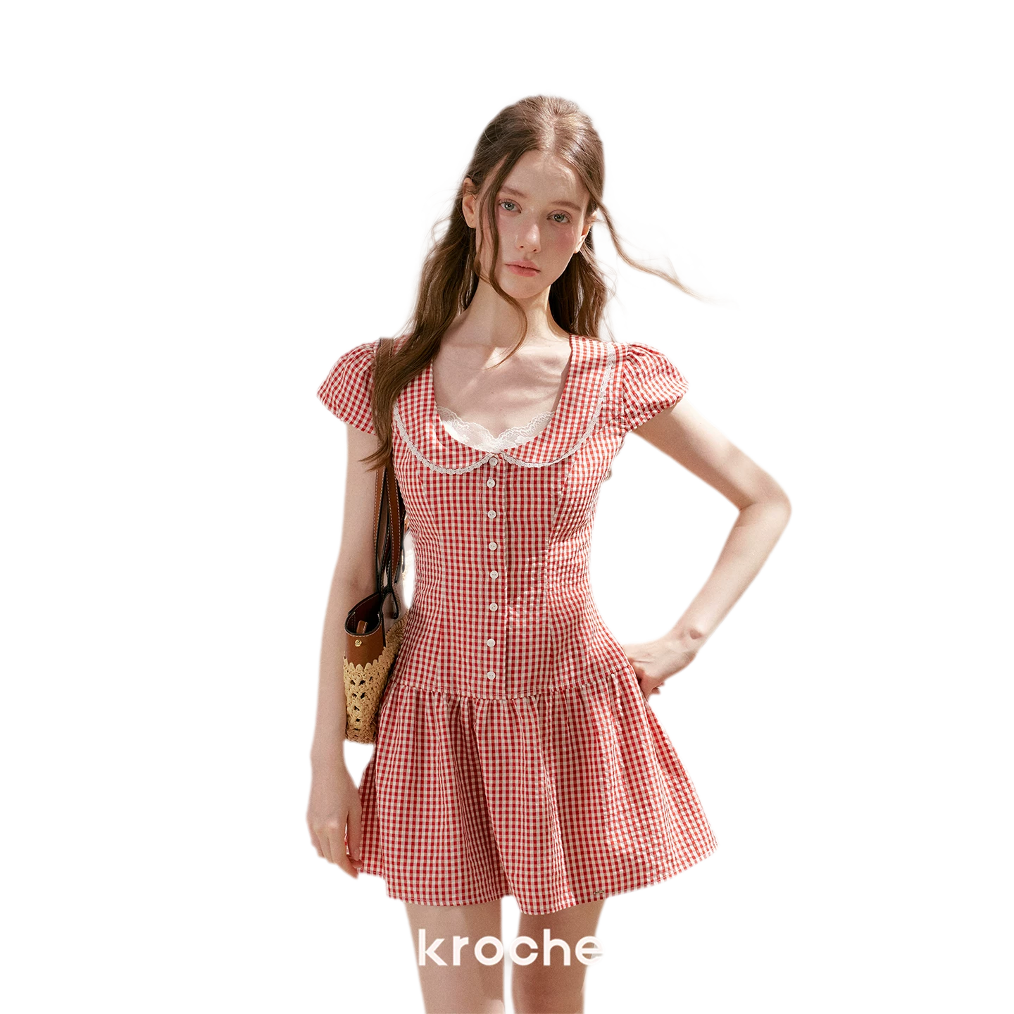 Tencel Cotton Lace Vintage Plaid Short Sleeve Dress