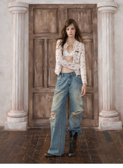 Washed Wide-Leg Ripped Jeans