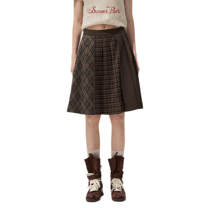 Patchwork Plaid Pleated A-Line Skirt