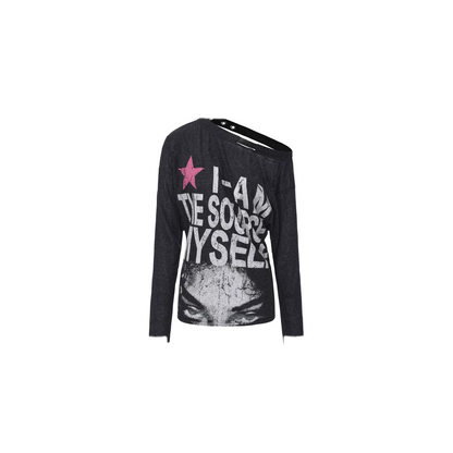 Distressed Graphic One-Shoulder T-Shirt