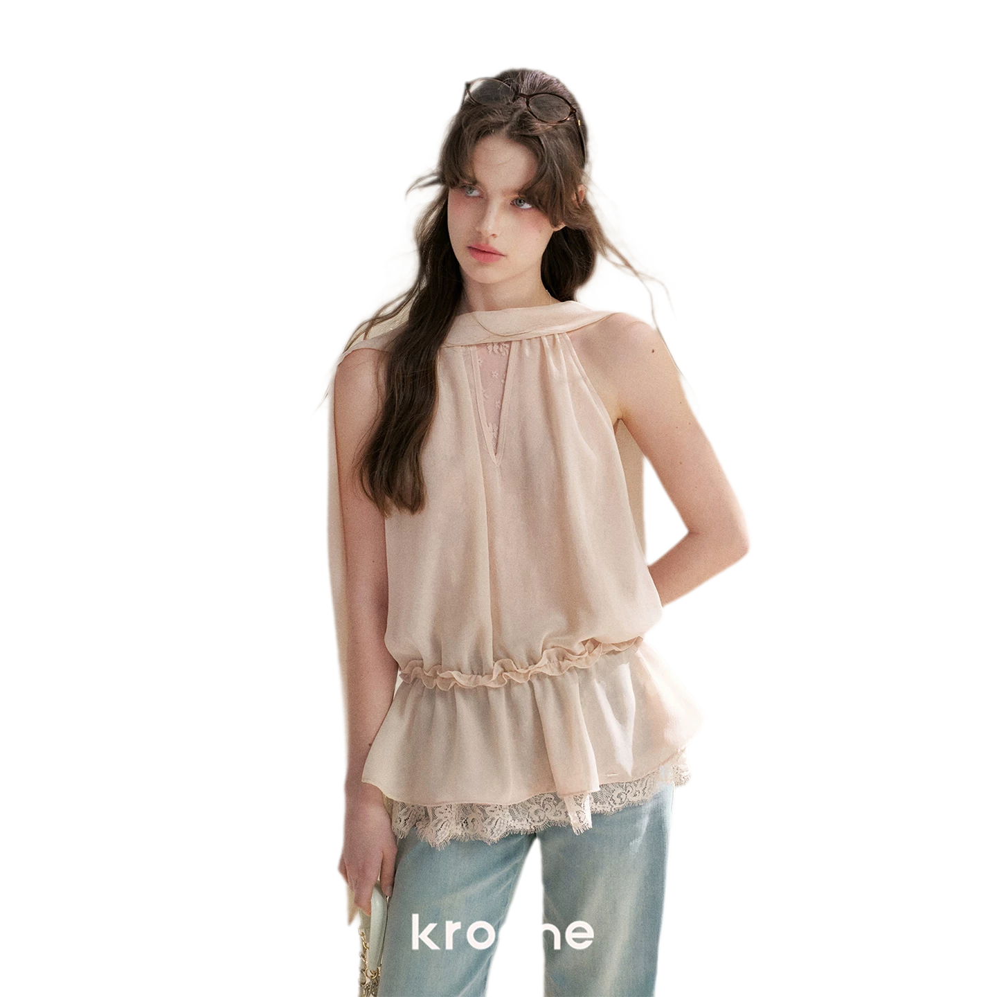 Chiffon Lace Halter V-Neck Blouse