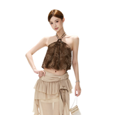 CYNR Beaded Halter Crop Top – Golden Brown