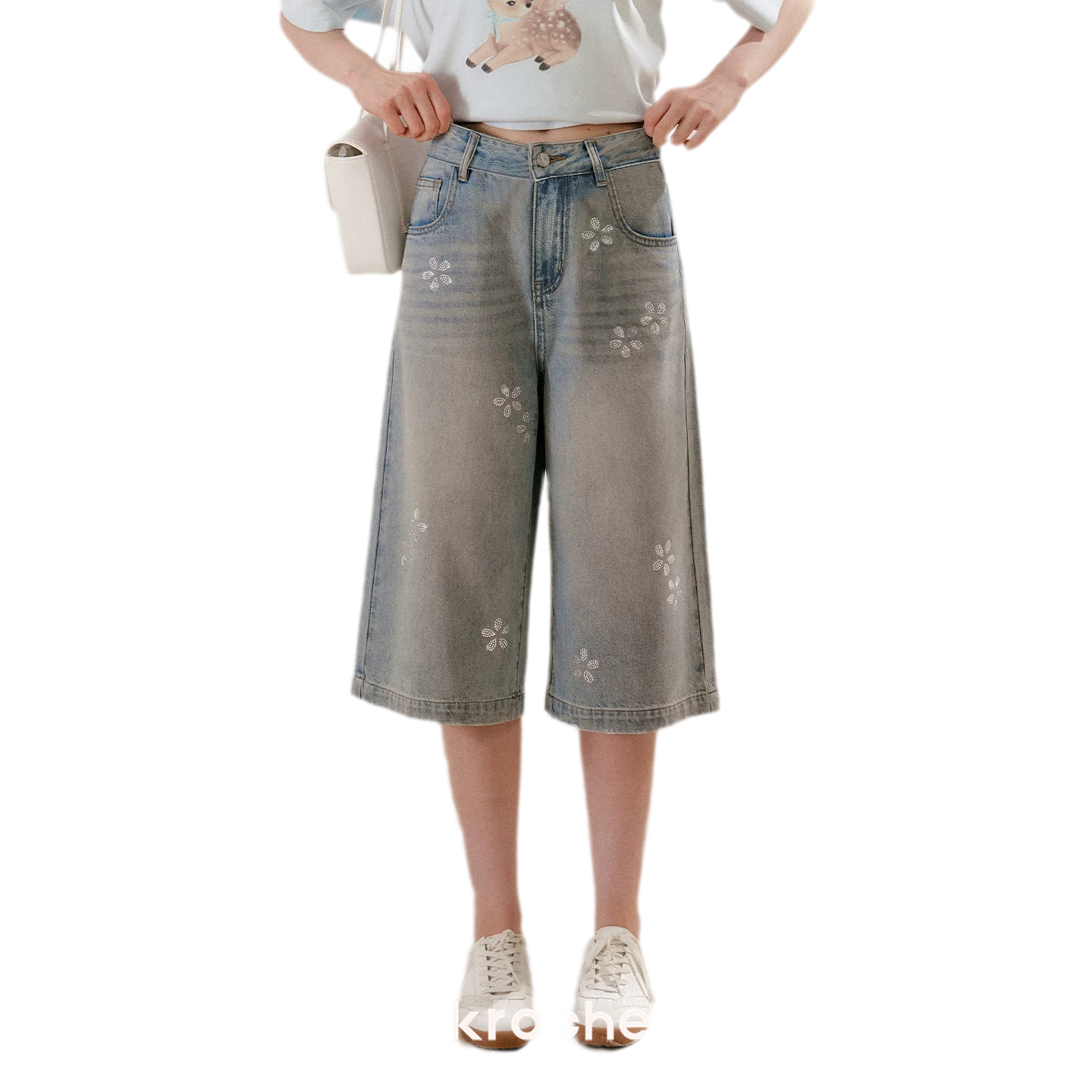 Rhinestone Floral Denim Culottes