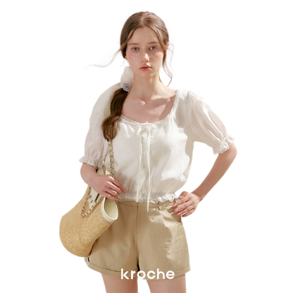 Lace Trim Puff Sleeve T-Shirt