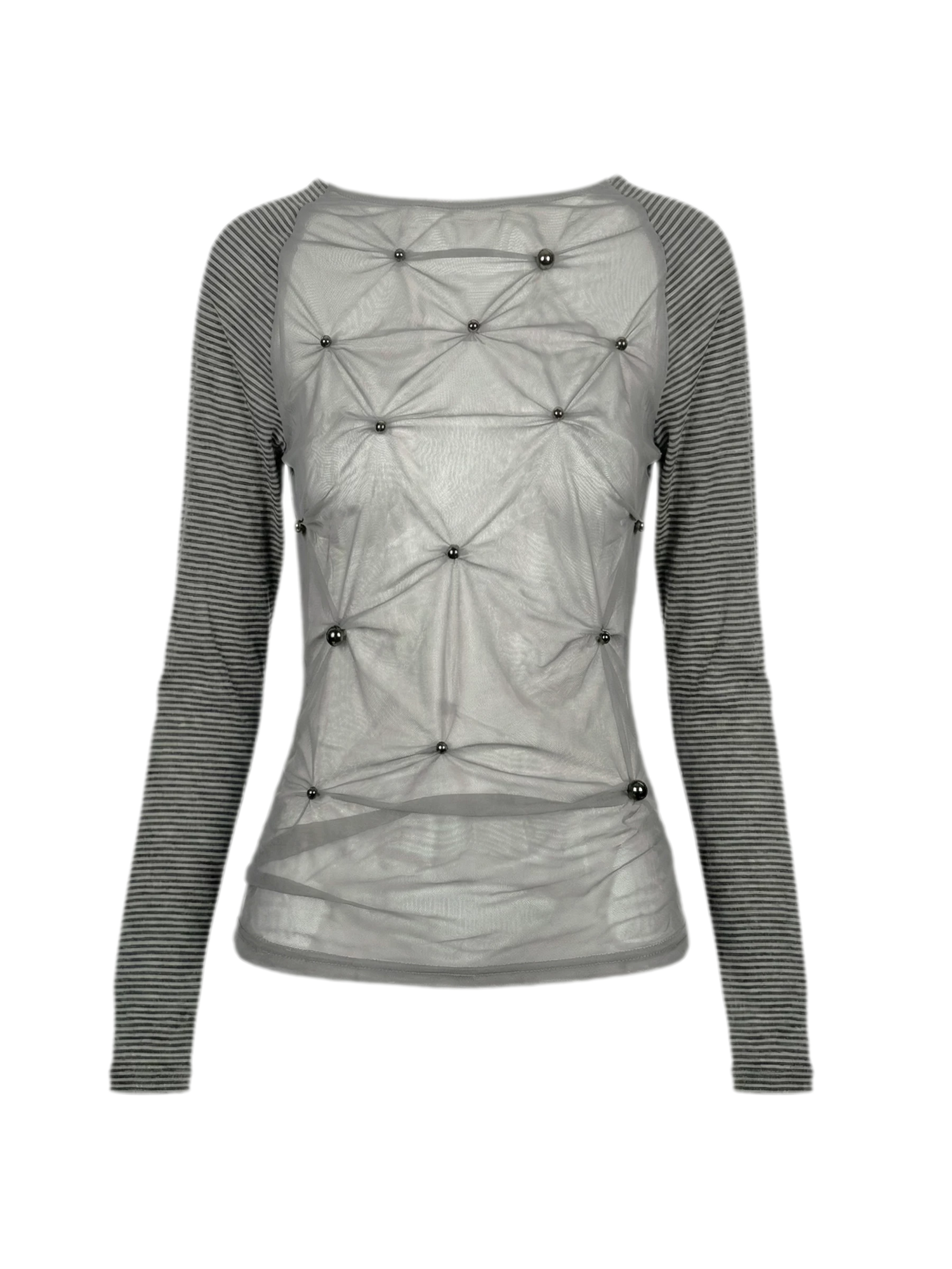 Sheer Studded Stripe Long-Sleeve Top