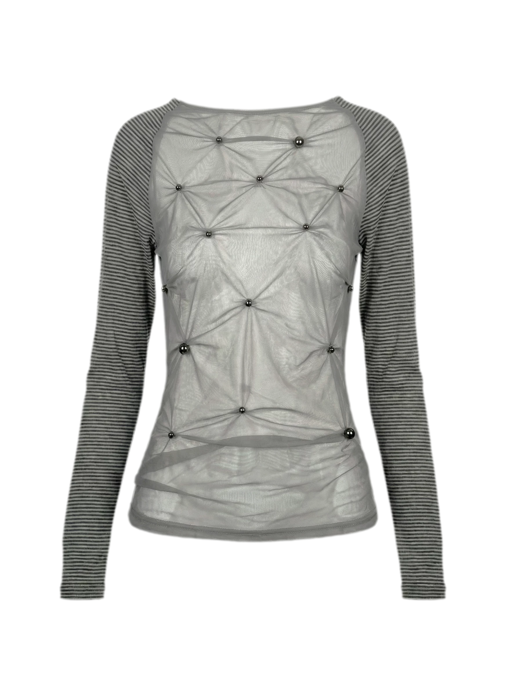 Sheer Studded Stripe Long-Sleeve Top