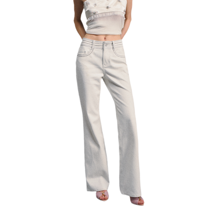 Textured White Contrast Waist Low-Rise Flared Pants