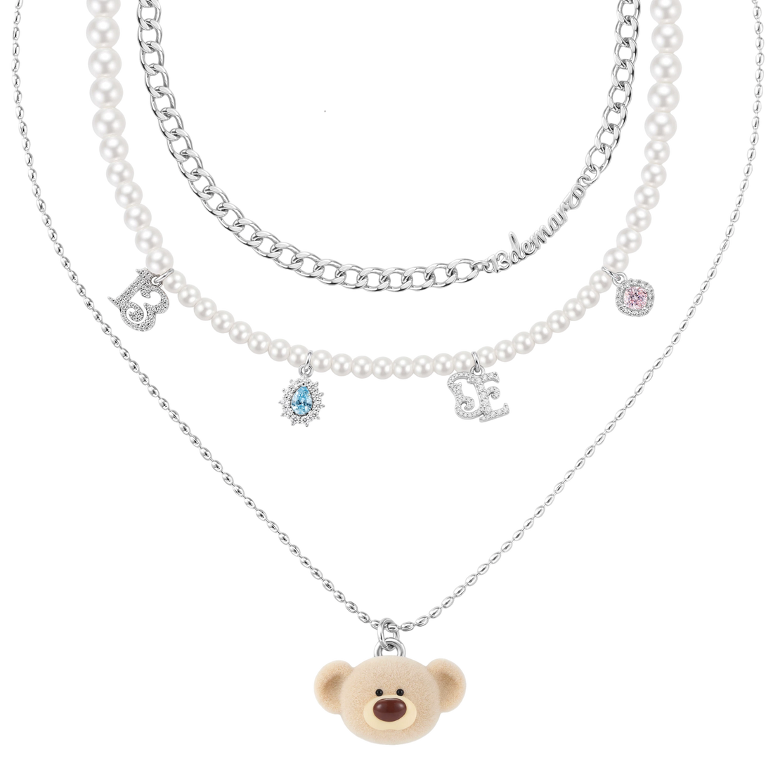 Layered Bear Pendant Necklace in Silver