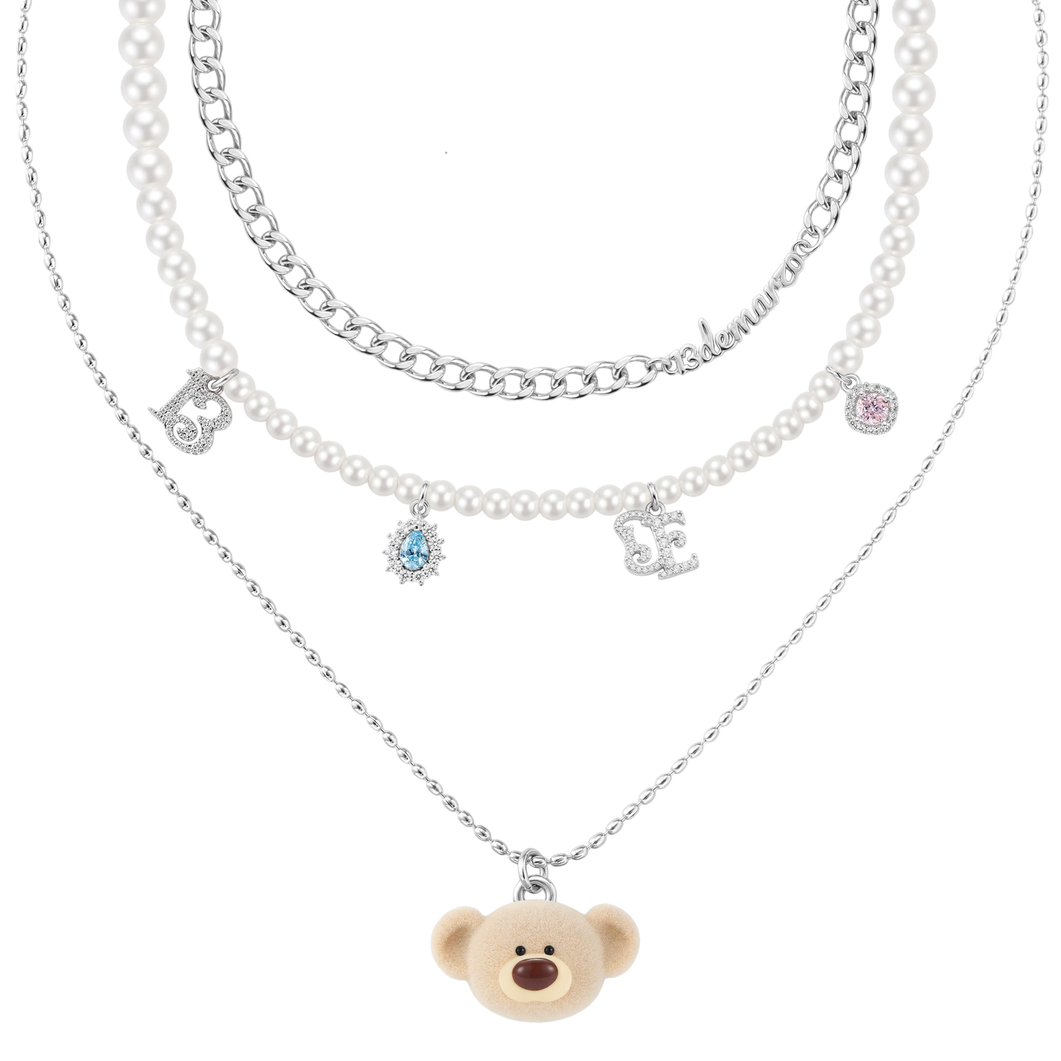 Layered Bear Pendant Necklace in Silver