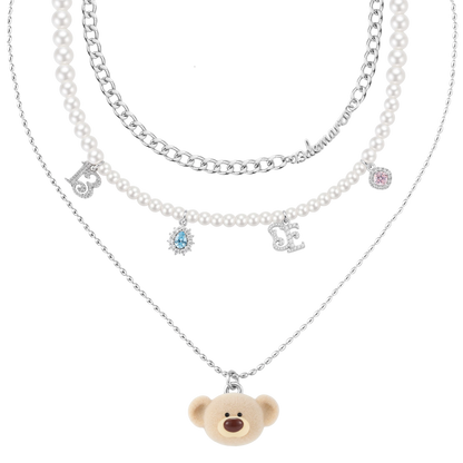 Layered Bear Pendant Necklace in Silver