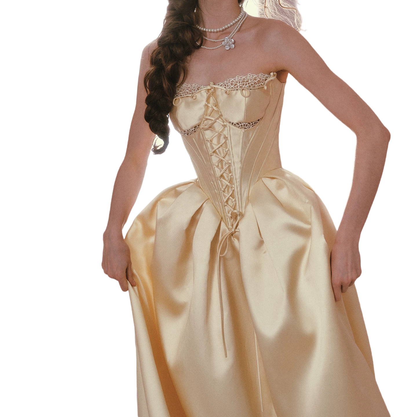 LACEMADE Belle Gold French Satin Lace Corset Dress Cream Yellow (Pre-sale) / XS