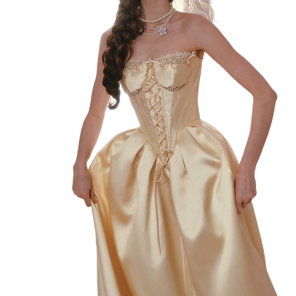 Belle Gold French Satin Lace Corset Dress