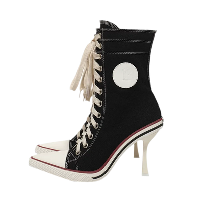 Canvas Lace-Up High-Heel Boots