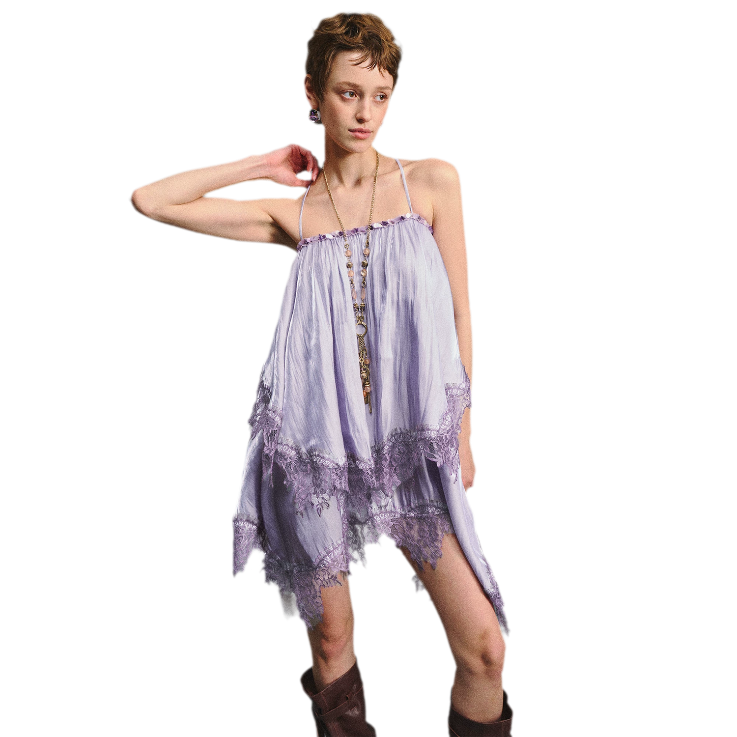 Lavender Galaxy Lace Satin Beaded Strap Dress