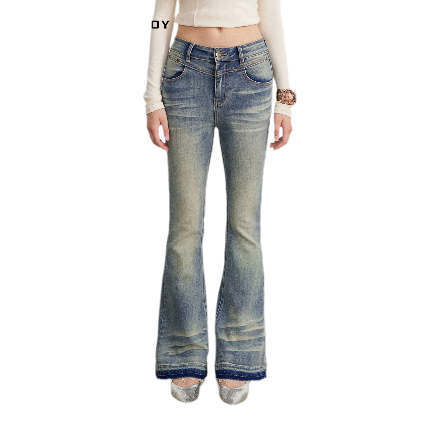 Washed Micro-Flare Contrast-Hem Jeans