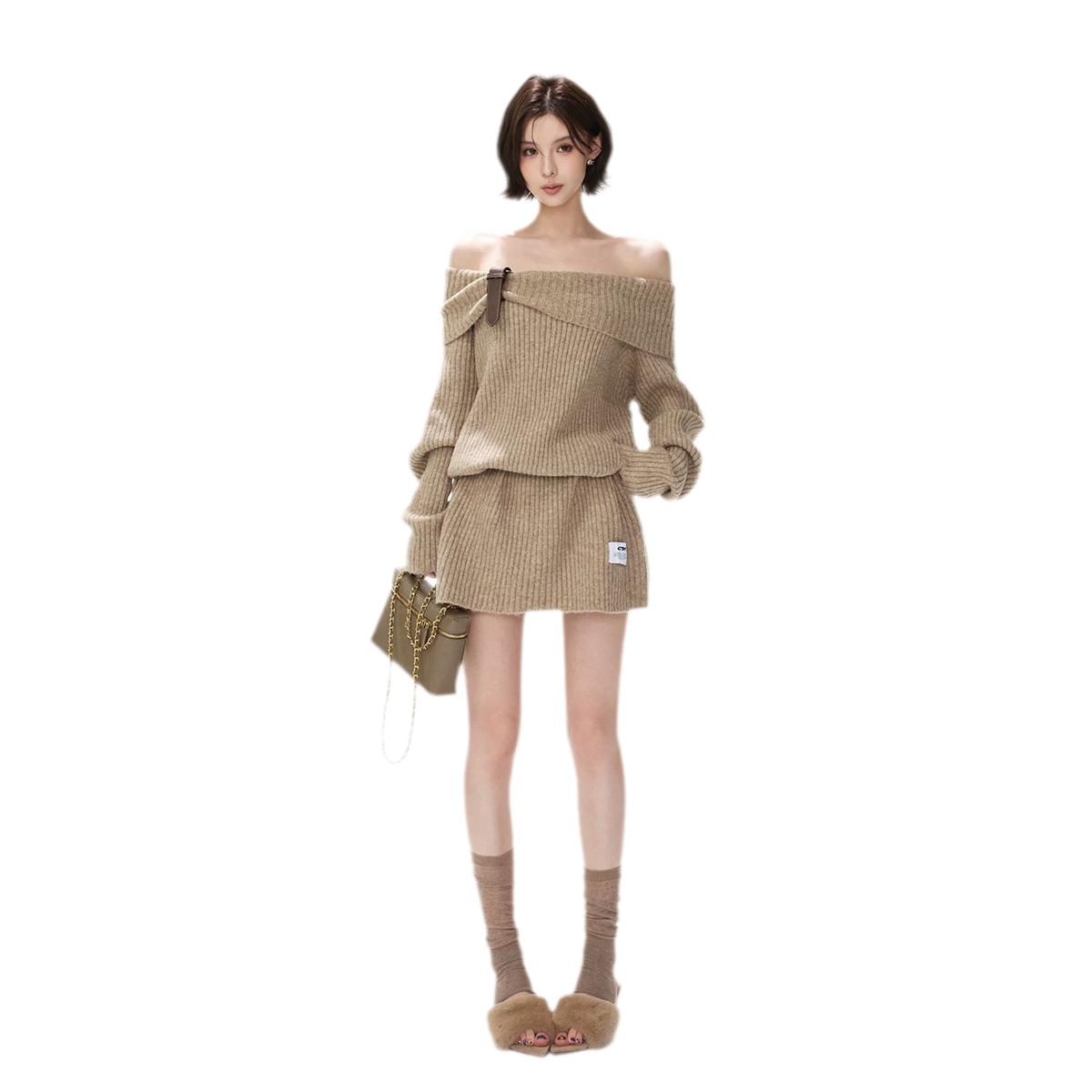 Aufgerautes geripptes One-Shoulder-Strickkleid